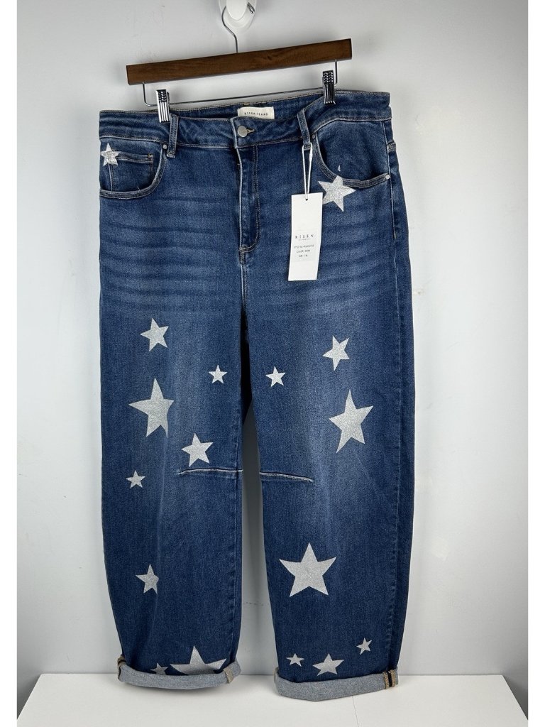 Risen Mid Rise Ankle Length Relaxed Barrel Star Printed Jeans - Size 1x Nwt